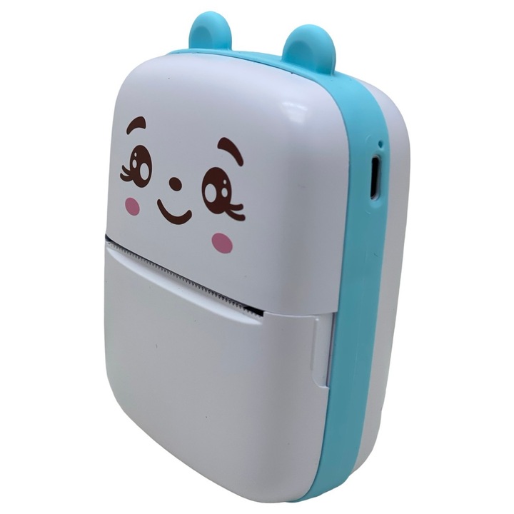 Mini imprimanta foto portabila, DSCAM by NORTHERN™, alb negru, cu incarcare USB, functie Bluetooth 3.0 / 4.0, imprimare termica rapida 40cm/s si rezolutie de 200DPI, fara cerneala, autonomie sporita 1000mAh, 12 cm x 10 cm x 5 cm, Alb Albastru