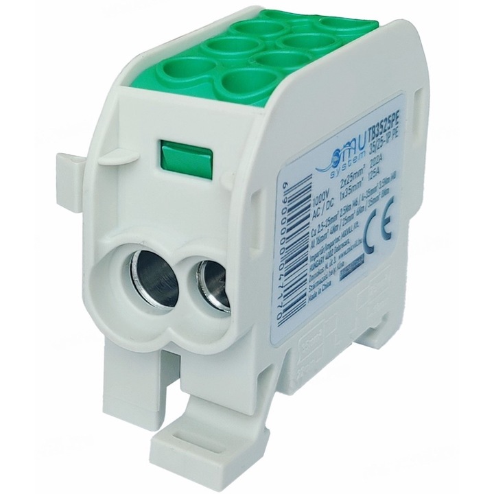 Clema de distributie - derivatie verde PE Cu-Al 202A / 125A pe sina DIN 1 pol 2 intrari / borne (25+35mm²) si 2 iesiri (25+35mm²) 1000V AC/DC