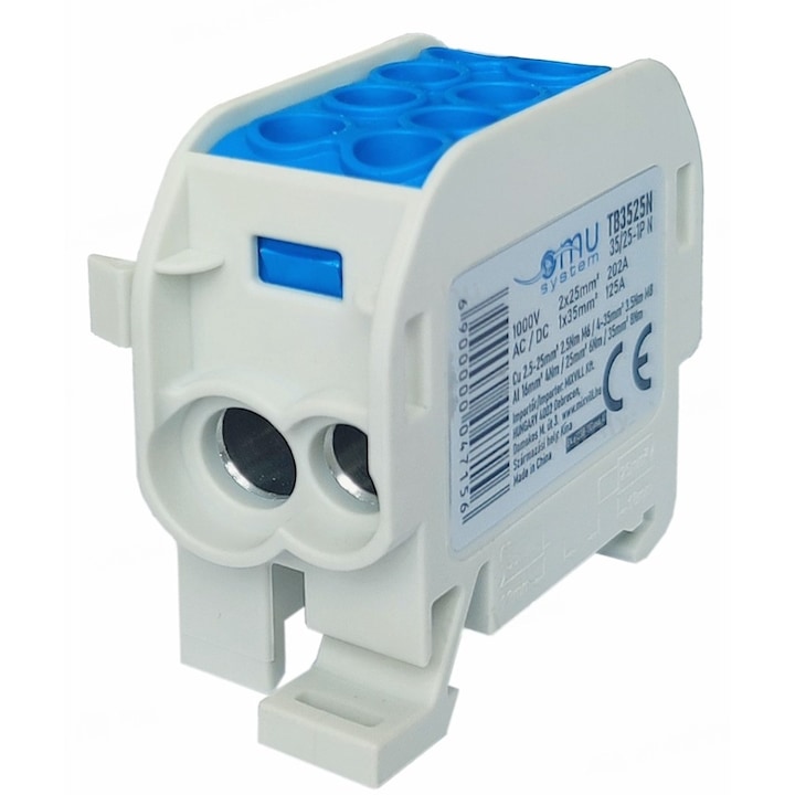 Clema de distributie - derivatie albastra nul Cu-Al 202A / 125A pe sina DIN 1 pol 2 intrari / borne (25+35mm²) si 2 iesiri (25+35mm²) 1000V AC/DC