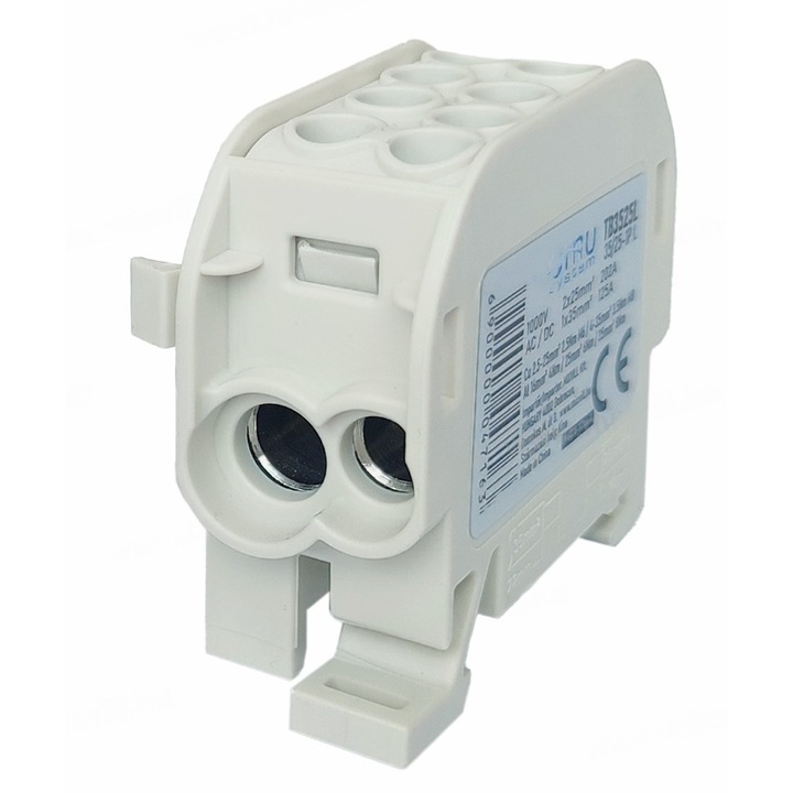 Clema de distributie - derivatie gri Cu-Al 202A / 125A pe sina DIN 1 pol 2 intrari / borne (25+35mm²) si 2 iesiri (25+35mm²) 1000V AC/DC