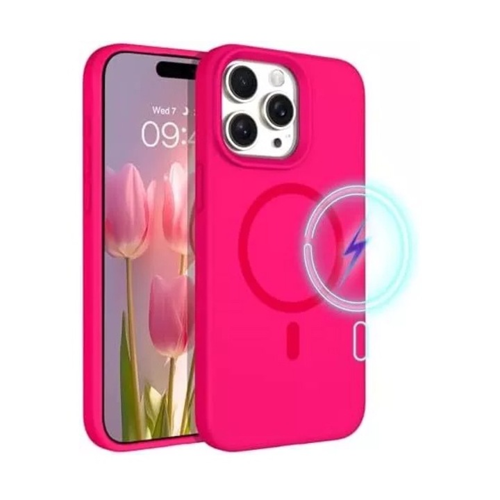 Husa de protectie pentru iPhone 16 Plus, compatibila cu incarcare MagSafe, SIlicon Catifelat Cu Interior Microfibra, Joyshell, Roz neon
