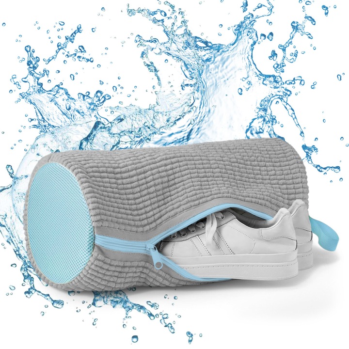 Sac pentru spalare incaltaminte, zioda smart essentials®, cu peri interiori pentru curatare 360°, husa pentru spalare, uscare, transport si depozitare incaltaminte, poliester premuim durabil, reutilizabil, portabil, rezistent, marime XXL, 19x39 cm, gri