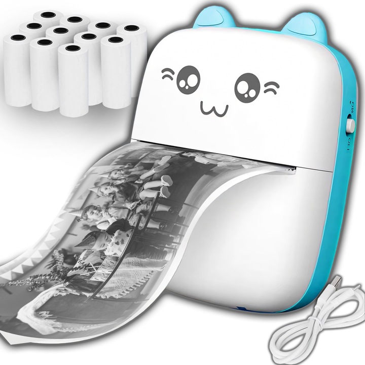 RETOO SmartKids Mini Thermal Printer, с 11 термохартиени ролки, Bluetooth 4.0, 200DPI, 1000mAh акумулаторна батерия през USB-C, съвместим с iOS и Android чрез специално приложение, бяло-синьо