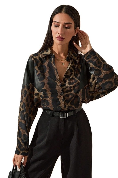 Camasa Dama, Eleganta, Cu Maneci Liliac, Petec PU, Imprimeu Leopard, Multicolor