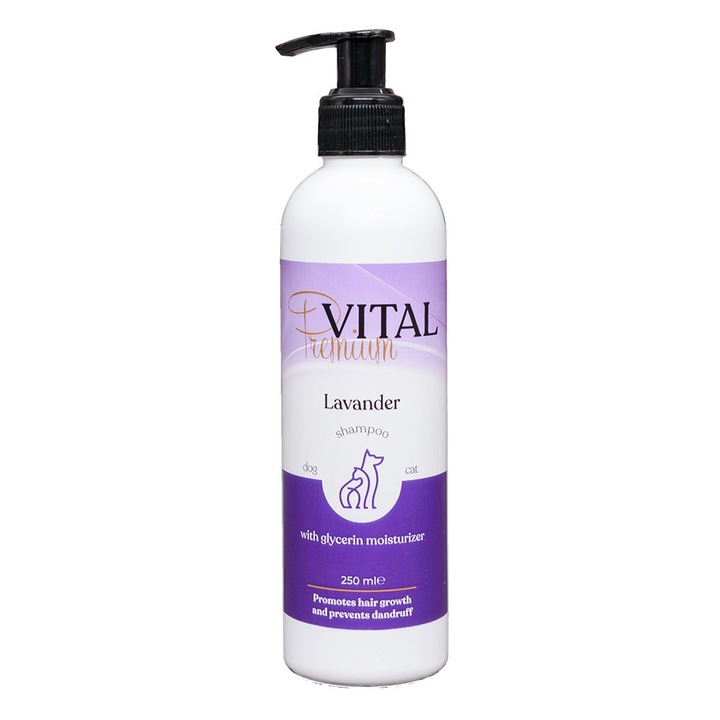 Sampon Premium Vital Lavanda cu Glicerina, creat pentru intretinerea si igienizarea blanii la Caini si Pisici. inlatura excesul de grasimi, murdaria si mirosurile neplacute, da luciu si stralucire blanii, 250ML