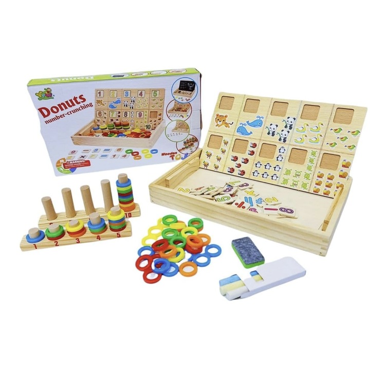 Tabla educativa Montessori din lemn cu fata dubla, calculeaza, deseneaza si asociaza cercurile, 3 ani+