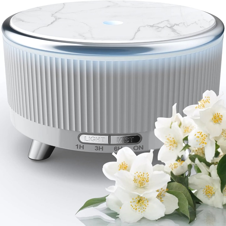 Bukino® szürke aromaterápiás diffúzor, modern dizájn, praktikus, funkcionális, 500 ml-es tartály, LED világítás, cserélhető környezeti világítás, időzítő, légnedvesítő funkció, 20 cm átmérő