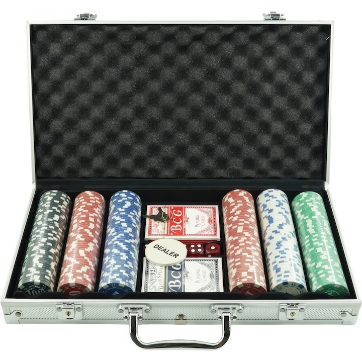 Премиум покер комплект KD Home® High Roller 300, 5 зара, 2 тестета карти, 300 чипа, 50 бели, 100 червени, 50 сини, 50 зелени, 50 черни, раирани чипове в стил Vegas, диаметър 4 см, дебелина 3 мм, 11,5 г Claytec, алуминиева кутия с ключ