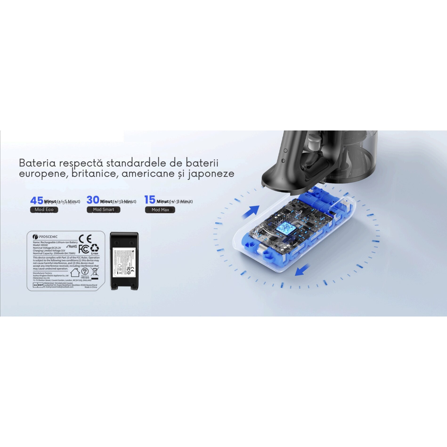 Aspirator vertical fara fir Proscenic P13, 550 W, Ecran LED digital, suport de perete cu incarcare, baterie detasabila 2500 mAh, autonomie 45 min, filtrare 99.99%, capacitate 1.2 L, perie cu iluminare LED verde, Negru