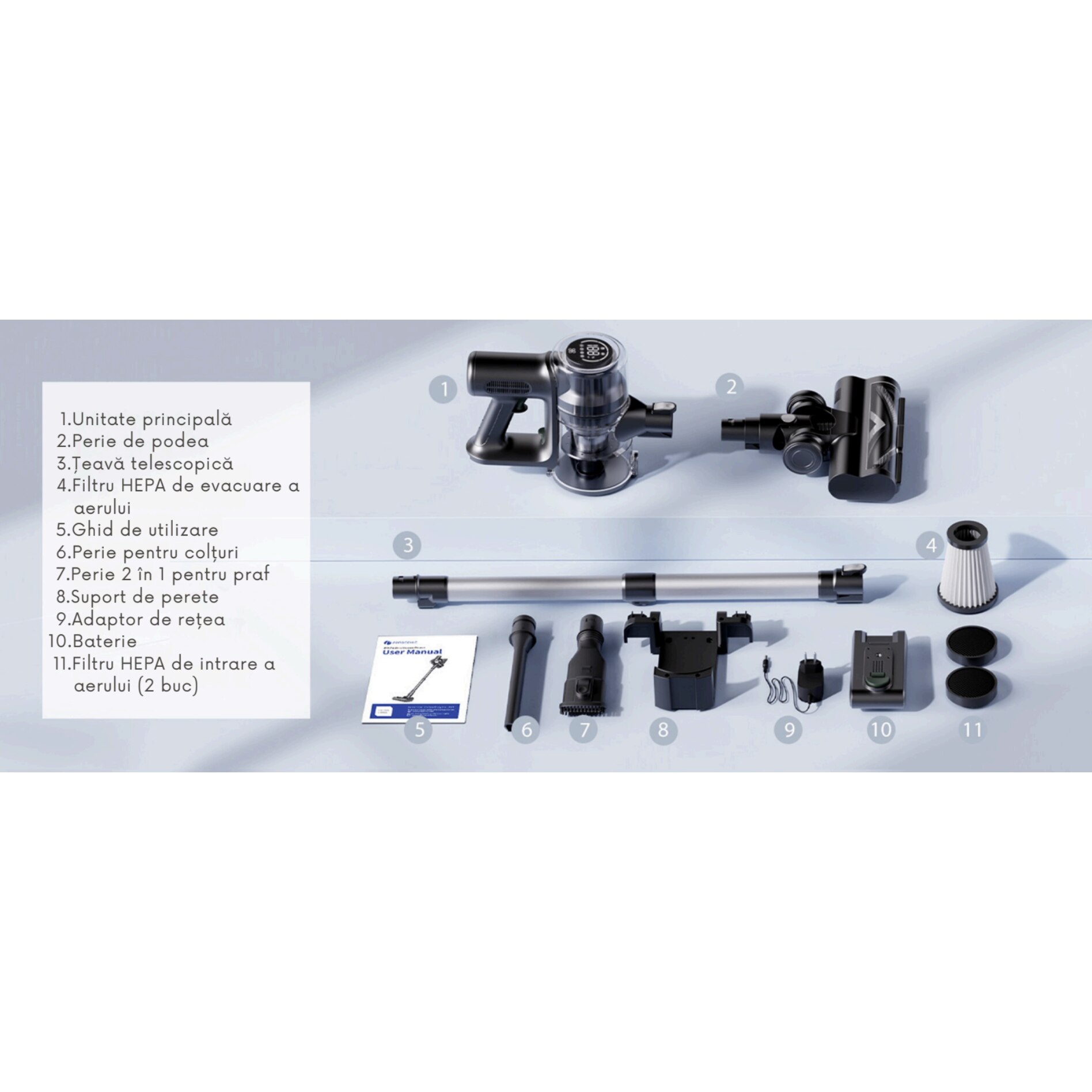Aspirator vertical fara fir Proscenic P13, 550 W, Ecran LED digital, suport de perete cu incarcare, baterie detasabila 2500 mAh, autonomie 45 min, filtrare 99.99%, capacitate 1.2 L, perie cu iluminare LED verde, Negru