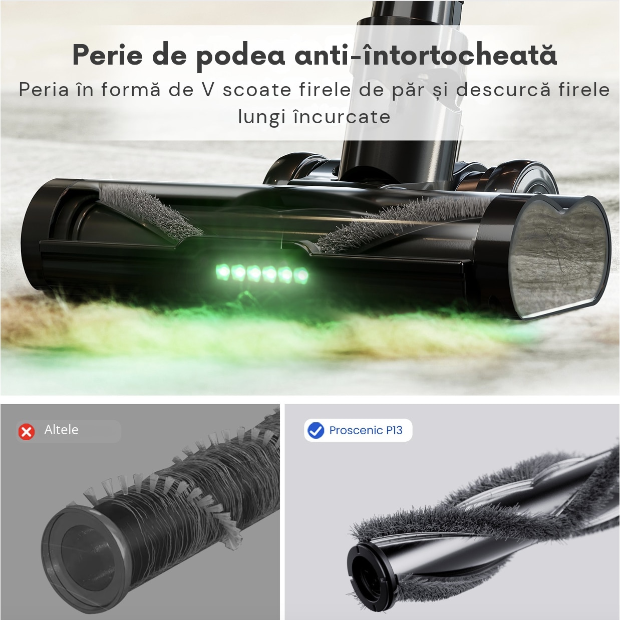 Aspirator vertical fara fir Proscenic P13, 550 W, Ecran LED digital, suport de perete cu incarcare, baterie detasabila 2500 mAh, autonomie 45 min, filtrare 99.99%, capacitate 1.2 L, perie cu iluminare LED verde, Negru