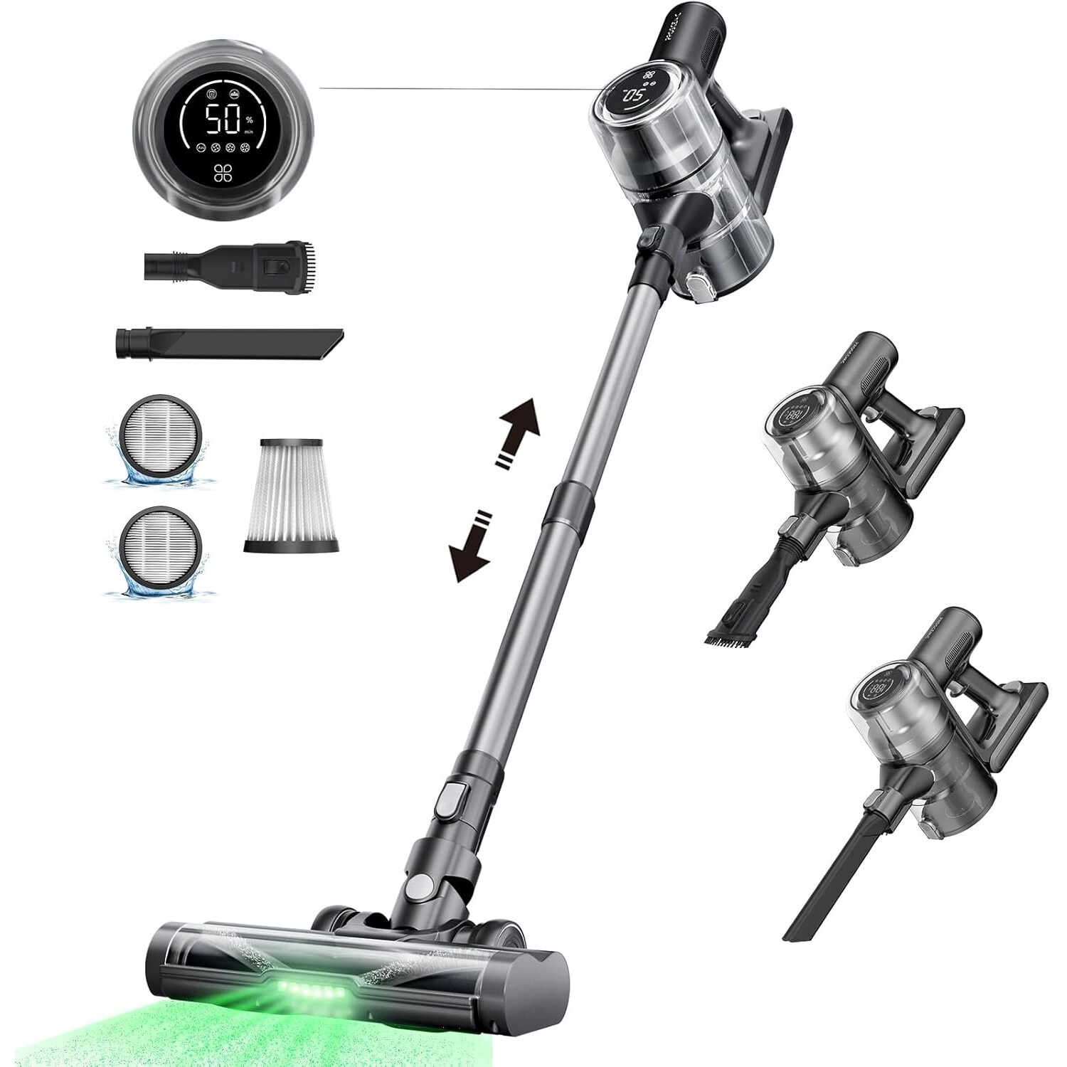 Aspirator vertical fara fir Proscenic P13, 550 W, Ecran LED digital, suport de perete cu incarcare, baterie detasabila 2500 mAh, autonomie 45 min, filtrare 99.99%, capacitate 1.2 L, perie cu iluminare LED verde, Negru