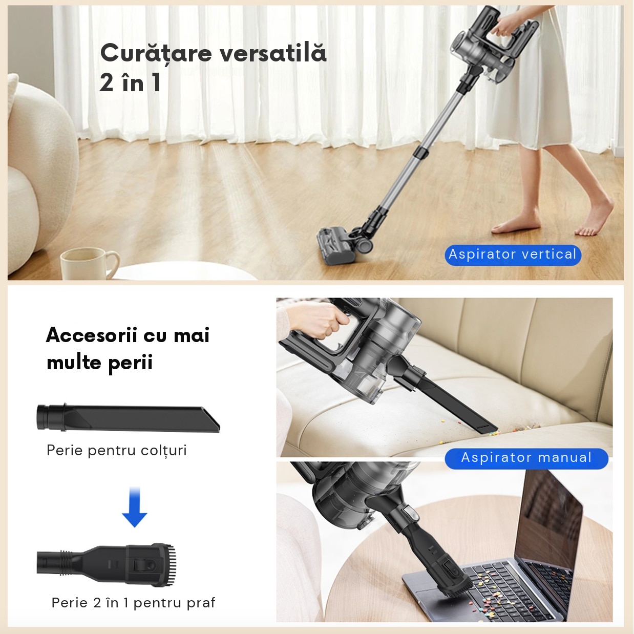 Aspirator vertical fara fir Proscenic P13, 550 W, Ecran LED digital, suport de perete cu incarcare, baterie detasabila 2500 mAh, autonomie 45 min, filtrare 99.99%, capacitate 1.2 L, perie cu iluminare LED verde, Negru