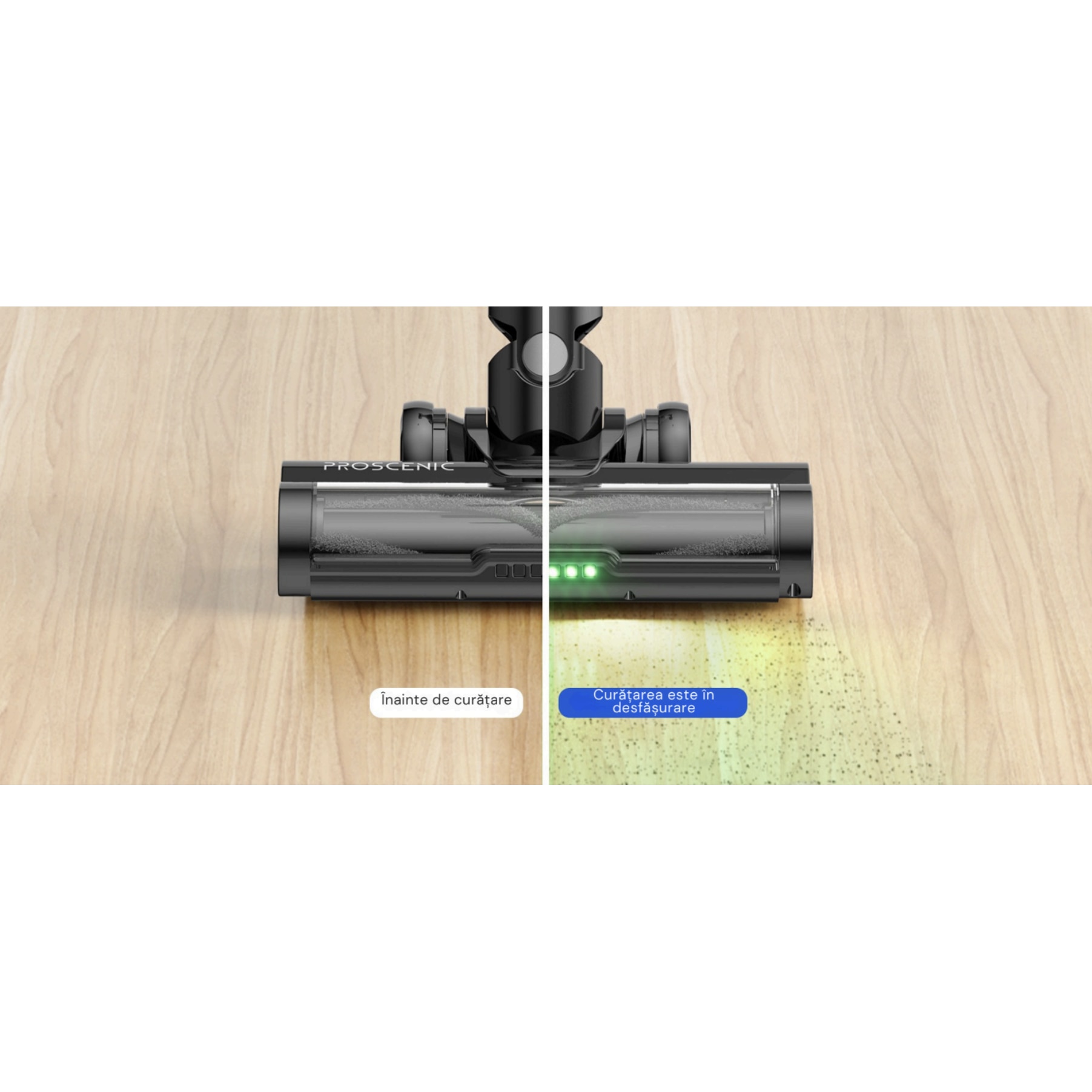 Aspirator vertical fara fir Proscenic P13, 550 W, Ecran LED digital, suport de perete cu incarcare, baterie detasabila 2500 mAh, autonomie 45 min, filtrare 99.99%, capacitate 1.2 L, perie cu iluminare LED verde, Negru