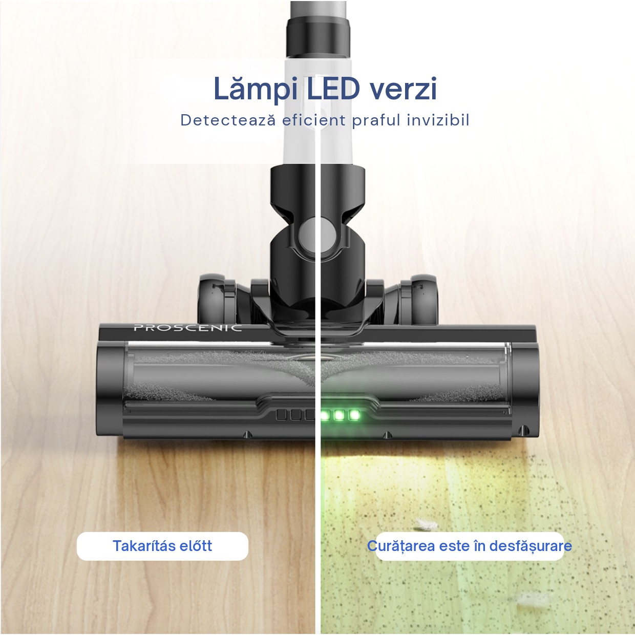 Aspirator vertical fara fir Proscenic P13, 550 W, Ecran LED digital, suport de perete cu incarcare, baterie detasabila 2500 mAh, autonomie 45 min, filtrare 99.99%, capacitate 1.2 L, perie cu iluminare LED verde, Negru