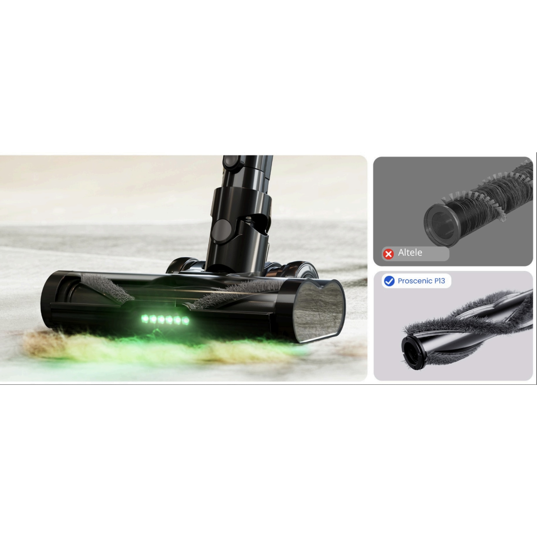 Aspirator vertical fara fir Proscenic P13, 550 W, Ecran LED digital, suport de perete cu incarcare, baterie detasabila 2500 mAh, autonomie 45 min, filtrare 99.99%, capacitate 1.2 L, perie cu iluminare LED verde, Negru