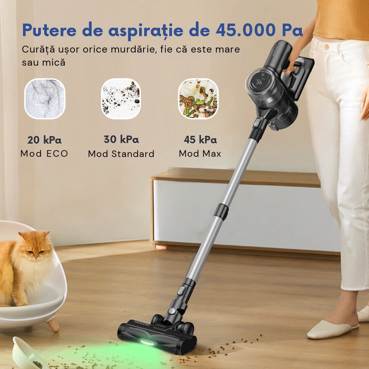 Aspirator vertical fara fir Proscenic P13, 550 W, Ecran LED digital, suport de perete cu incarcare, baterie detasabila 2500 mAh, autonomie 45 min, filtrare 99.99%, capacitate 1.2 L, perie cu iluminare LED verde, Negru