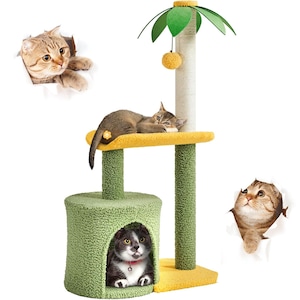 Ansamblu de joaca pentru pisici, Fish & Paws ®, cu o bila suspendata, un hamac si o casuta, confectionate din fibra rezistenta din sisal pentru zgariat, stabil si structura atractiva de palmier, inaltime de 94cm, Verde