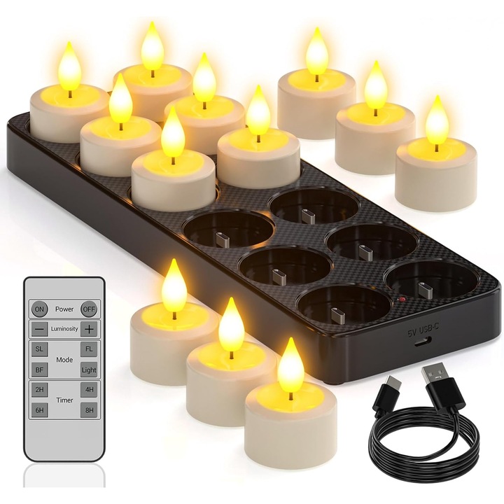 12 db újratölthető LED gyertya készlet töltőállomással és távirányítóval, lángeffektussal, időzítővel, 5 fényerő fokozattal, 4 világítási móddal, Halloweenre, karácsonyra, esküvőre, bulira