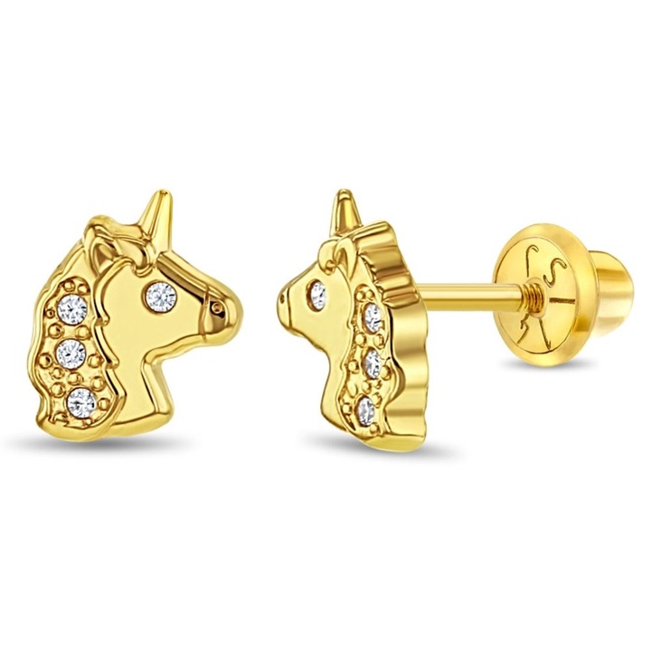 Cercei din Aur 14K pentru Bebelusi si Copii, model Unicorn cu Pietre CZ Albe, inchidere cu Filet si Protectie