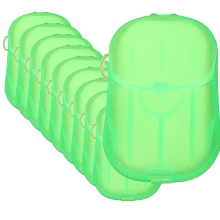 Set 10 seturi Sapun din Hartie, de Unica Folosinta, Cutie Portabila, Potrivit pentru Calatorii, Verde