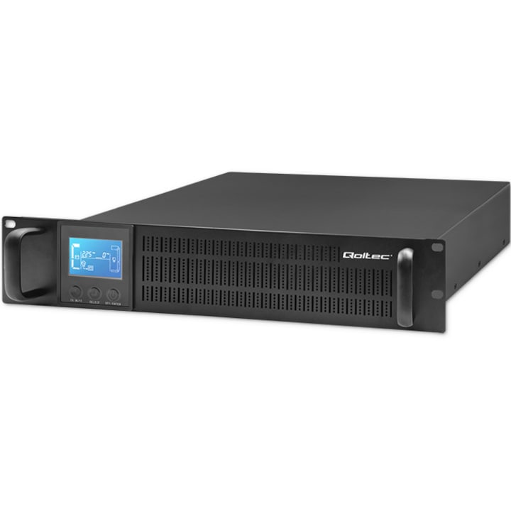 Раков UPS инвертор на напрежение, Qoltec, 3kva 2400w, Онлайн, Чист синус, Истинска технология за изолация, С snmp управление, С LCD екран, Черен