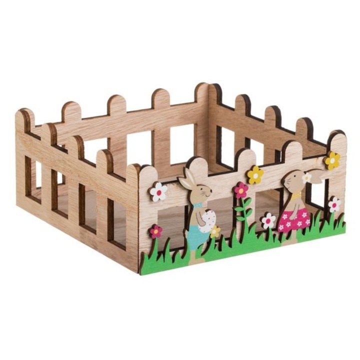 Cosulet decorativ din lemn cu iepurasi si flori pentru Paste, model gardulet, bej, Dolik, 15 x 15 x 6.5 cm