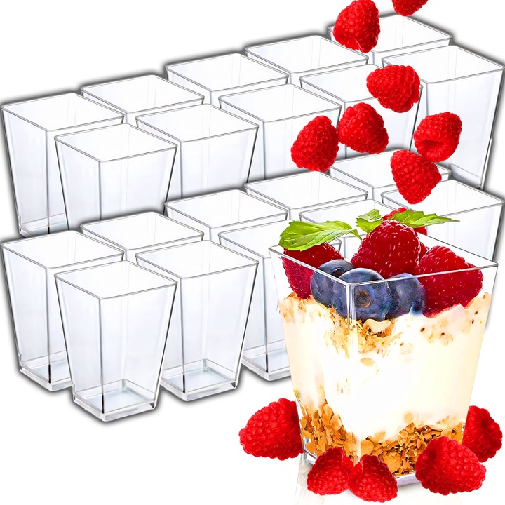 20 db RETOO DailyPro desszert és egytálalásos pohár készlet, 160 ml, piramis alakú, polisztirol, BPA mentes, újrafelhasználható, átlátszó