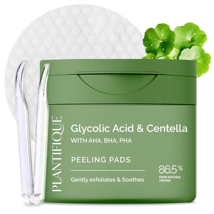 Dischete exfoliante cu AHA, BHA, PHA si CICA, PLANTIFIQUE, 60 buc – Exfoliere delicata, hidratare si regenerare – Curata porii, reduce punctele negre si petele pigmentare – Potrivite pentru ten sensibil si acneic – Formula vegana, cu penseta