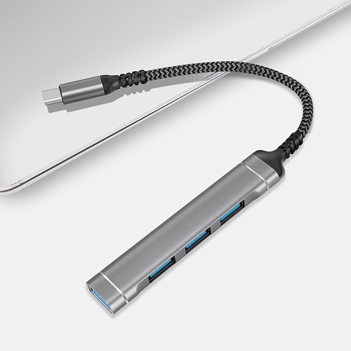 Hub USB C KOOPAO, adaptor multiport 4 porturi, aluminiu, design compact, cablu flexibil