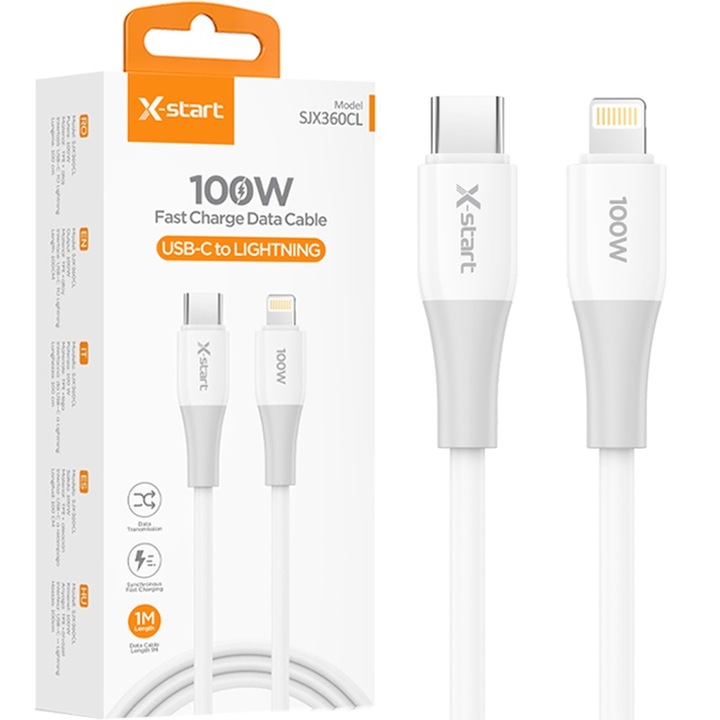 Cablu X-Start SJX360CL, Type-C la Lightning, 1M, Compatibil iPhone, Transfer Date si Putere 100W, Alb