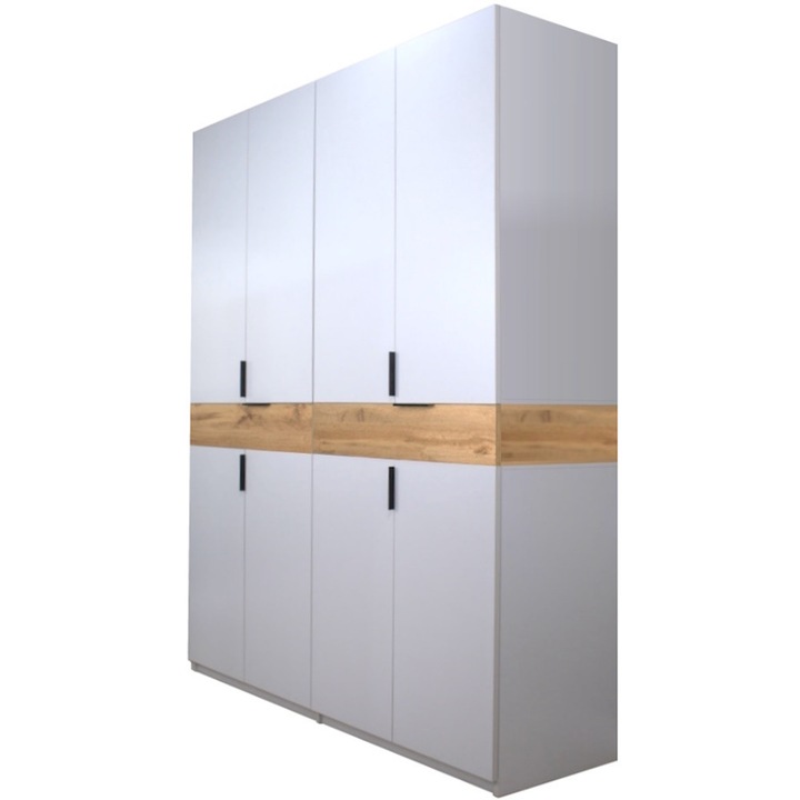 Dulap King 4sa Inalt, Alb / Stejar Gold, H 240 x L 160 x A 50 cm, cu 2 sertare, Balamale Soft close cu amortizor si Glisiere Hafele, PAL 18 mm