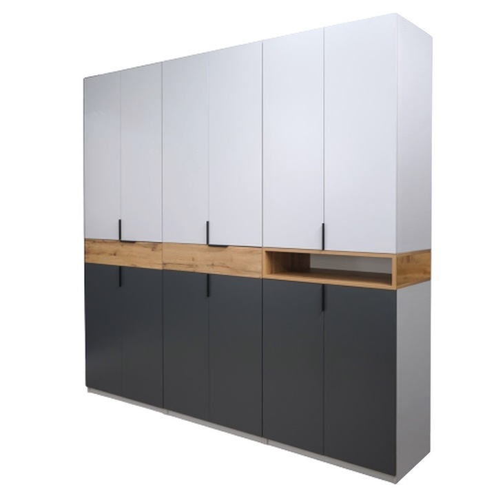 Dulap Lara King 6RF Alb Grafit Gold H 240 x L 240 x A 50 cm 2 sertare Glisiere si Balamale Soft close Hafele