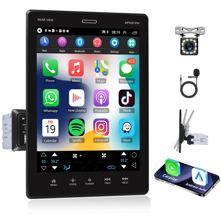 Stereo pentru masina cu ecran tactil single Din Apple Carplay, radio auto detasabil vertical de 9,5 inchi cu radio FM Bluetooth Mirror Link Intrare TF/USB/AUX Player multimedia auto si camera de rezerva, WALALLA