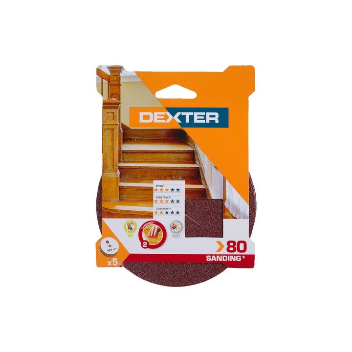 Disc abraziv Dexter, pentru slefuitor cu excentric, Ø 127 mm, granulatie 80 (set 5 buc)