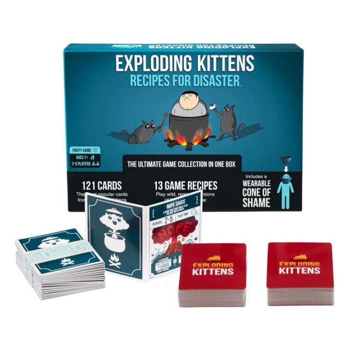 Настолна игра Exploding Kittens, комплект от 121 карти, 13 карти с рецепти, 2-5 играча, възраст 7+