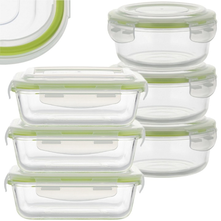 6 üveg ételtartó készlet Florina Frigo Box Lunchbox Kerek, négyszögletes, szivárgásmentes ebédlődoboz