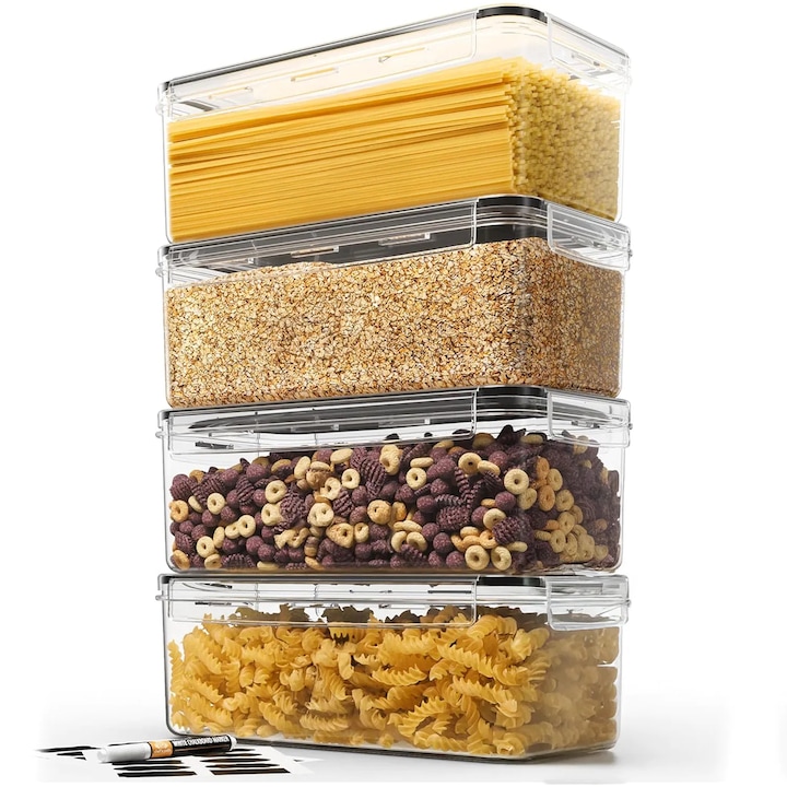 Комплект от 4 кутии за съхранение Elindor®, вместимост 3,6 л, непропускливи, за паста и зърнени храни, прозрачни