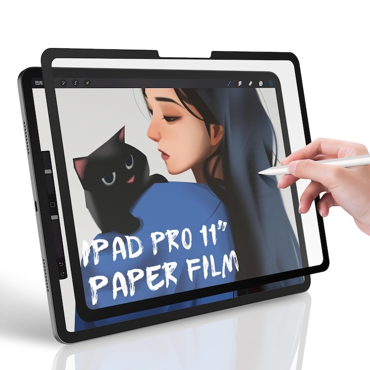Folie de protectie cu textura de hartie pentru iPad Pro 11'' 2018/2020/2021/2022, cu sac de depozitare, detasabila, reutilizabila, lavabila, aderenta ferma pe toate laturile, usor de utilizat