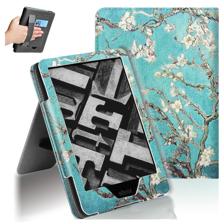 Калъф за Kindle Paperwhite 2024 (12-то поколение) 7 инча / Kindle Colorsoft Signature Edition 7 инча, тънък ултра-лек функция за сън/събуждане, магнитно затваряне, със стойка и дръжка, кайсиеви цветя