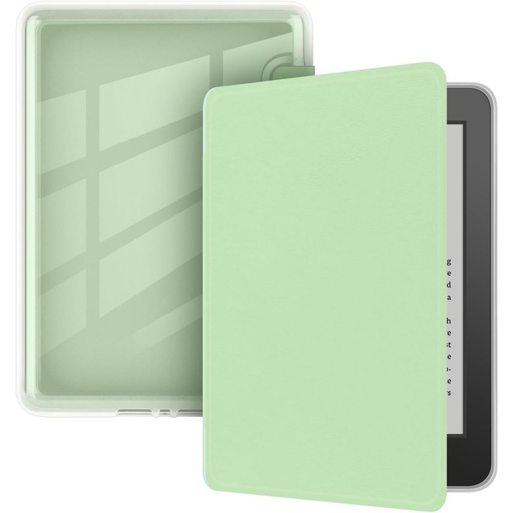 Flip Case за Kindle Paperwhite 12th Gen 2024 и Kindle Colorsoft Signature Edition, еко кожа, TPU, ултратънък, лек, зелен/прозрачен