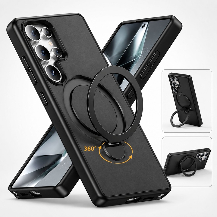 Husa pentru Samsung Galaxy S25 Ultra, MagSafe, Antisoc, Suport Magnetic Rotativ 360°, Protectie Camera, Negru