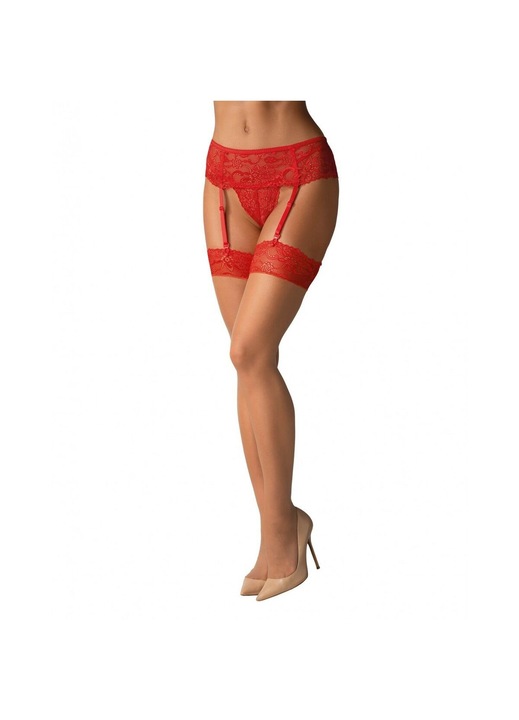 Obsessive 838-STO-3 harisnya, piros, poliamid, szett harisnyakötővel, S/M, SM INTL