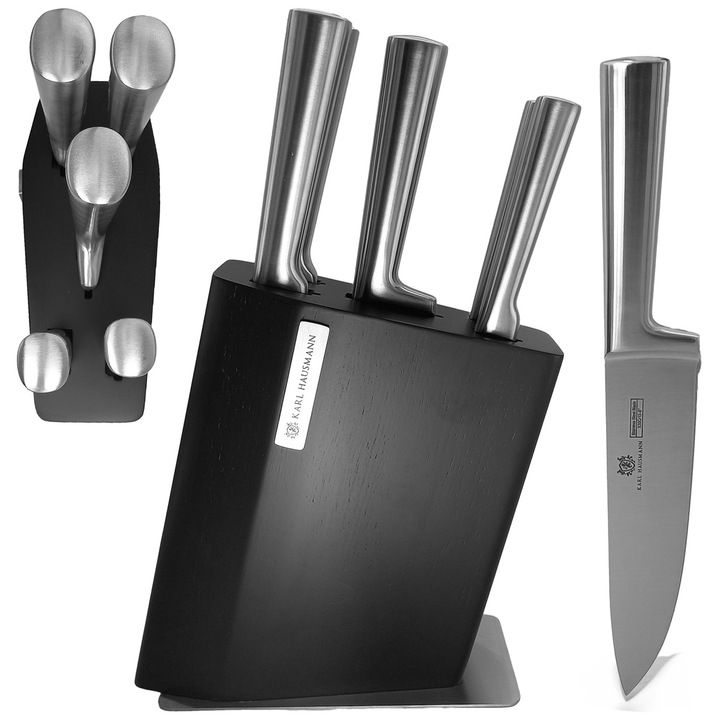 Set de 5 cutite Inox, Suport lemn, Karl Hausmann, Negru