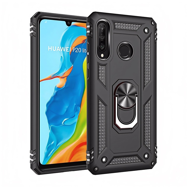 Husa pentru Huawei P20 Lite Hybrid Armor Kickstand, Antisoc, Protectie Superioara, Negru