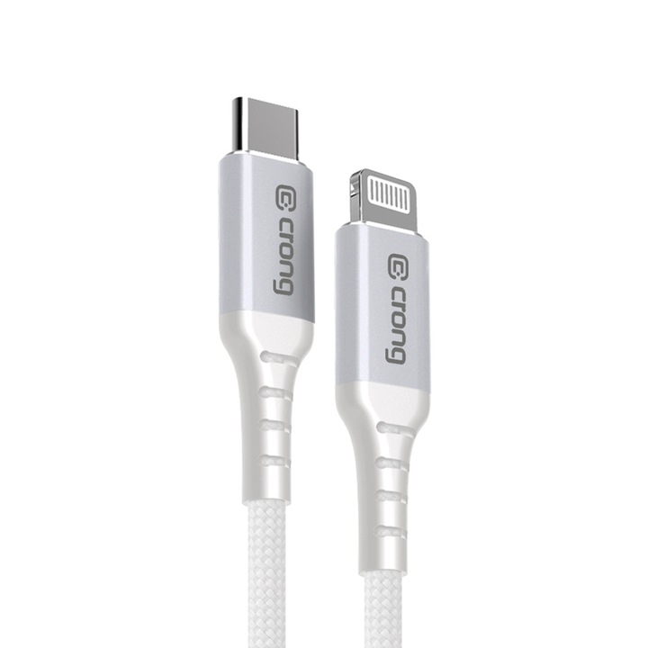 Cablu de date USB-C la Lightning Crong, 150cm, incarcare rapida, rezistent la socuri, nylon flexibil, alb