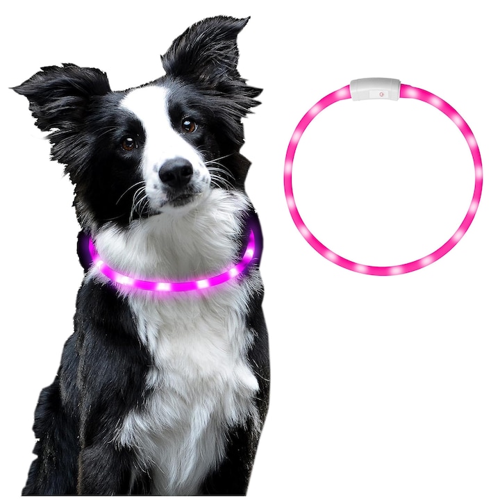 Zgarda pentru caini, LED, 3 moduri de iluminare, 70cm, roz, set reincarcabil USB