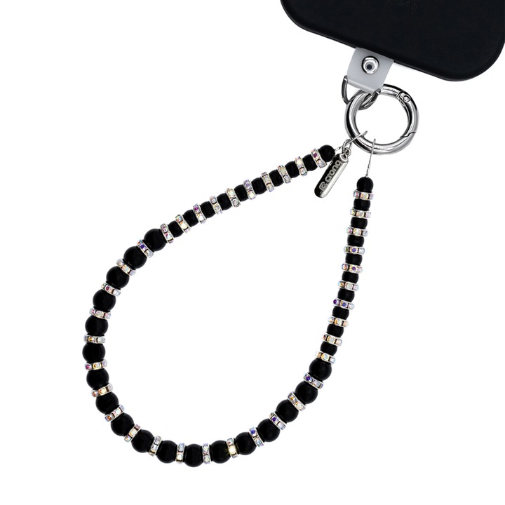 Lant pentru telefon Crong Phone Charm Midnight Beads, lant argintiu cu pietre negre si cristale, set cu adaptor