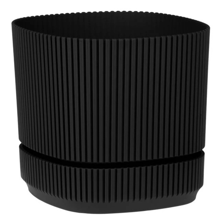 Ghiveci negru cu dungi reliefate si farfurie, 21 cm