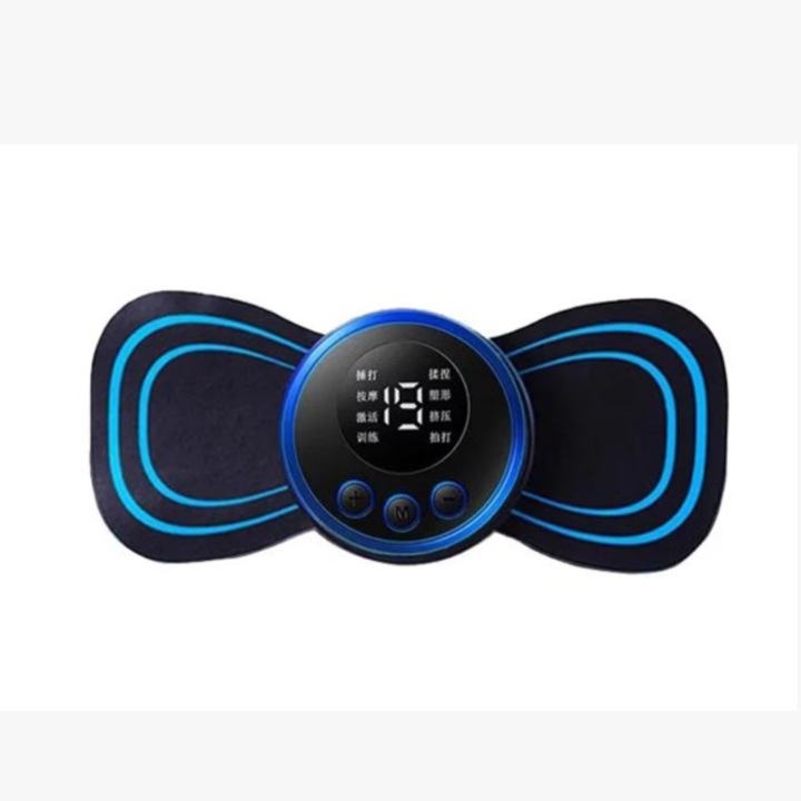 Mini aparat de masaj cervical, Electromagnectic cu 8 moduri, LCD, USB, 3.7V, 150 mAh, Negru/Albastru